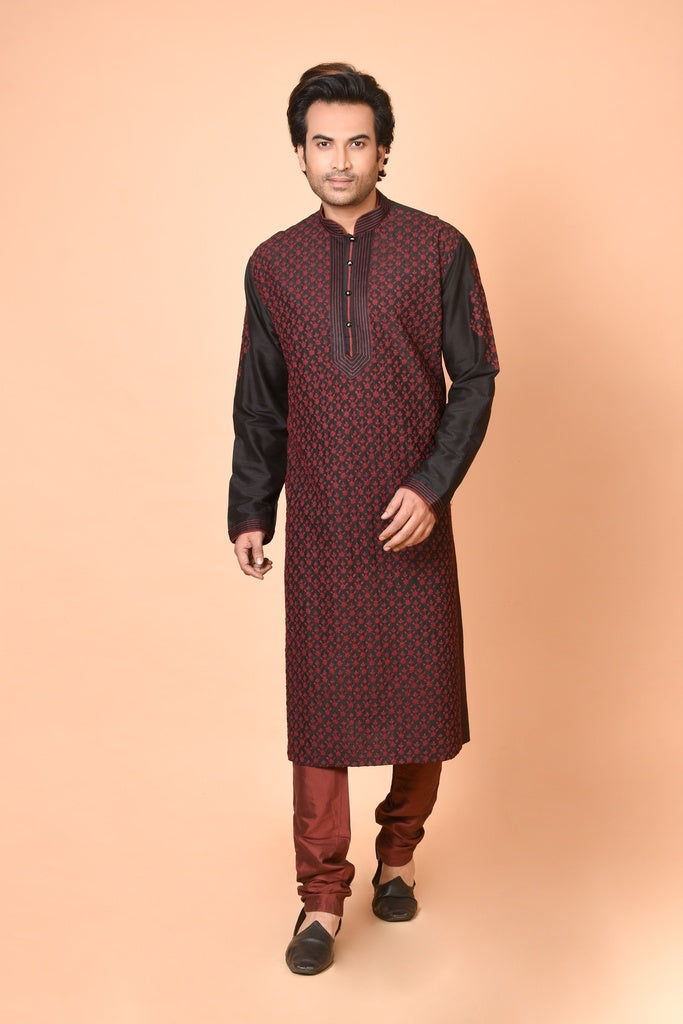 Black Floral Jaal Embroidered Kurta with Maroon Churidar Set