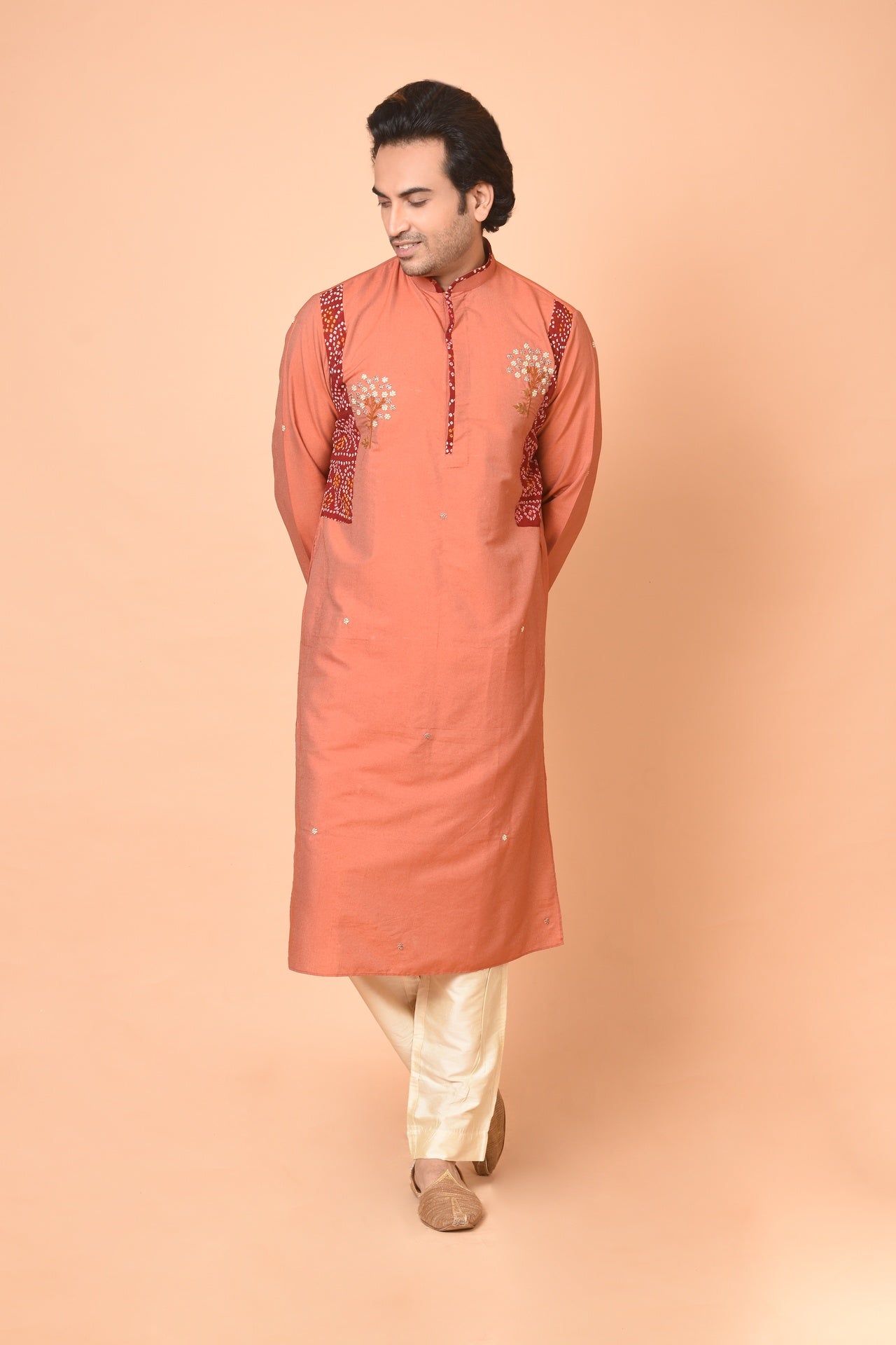 Rust Cotton Silk Kurta with Maroon Bandhej Patch & Beige Churidar Set