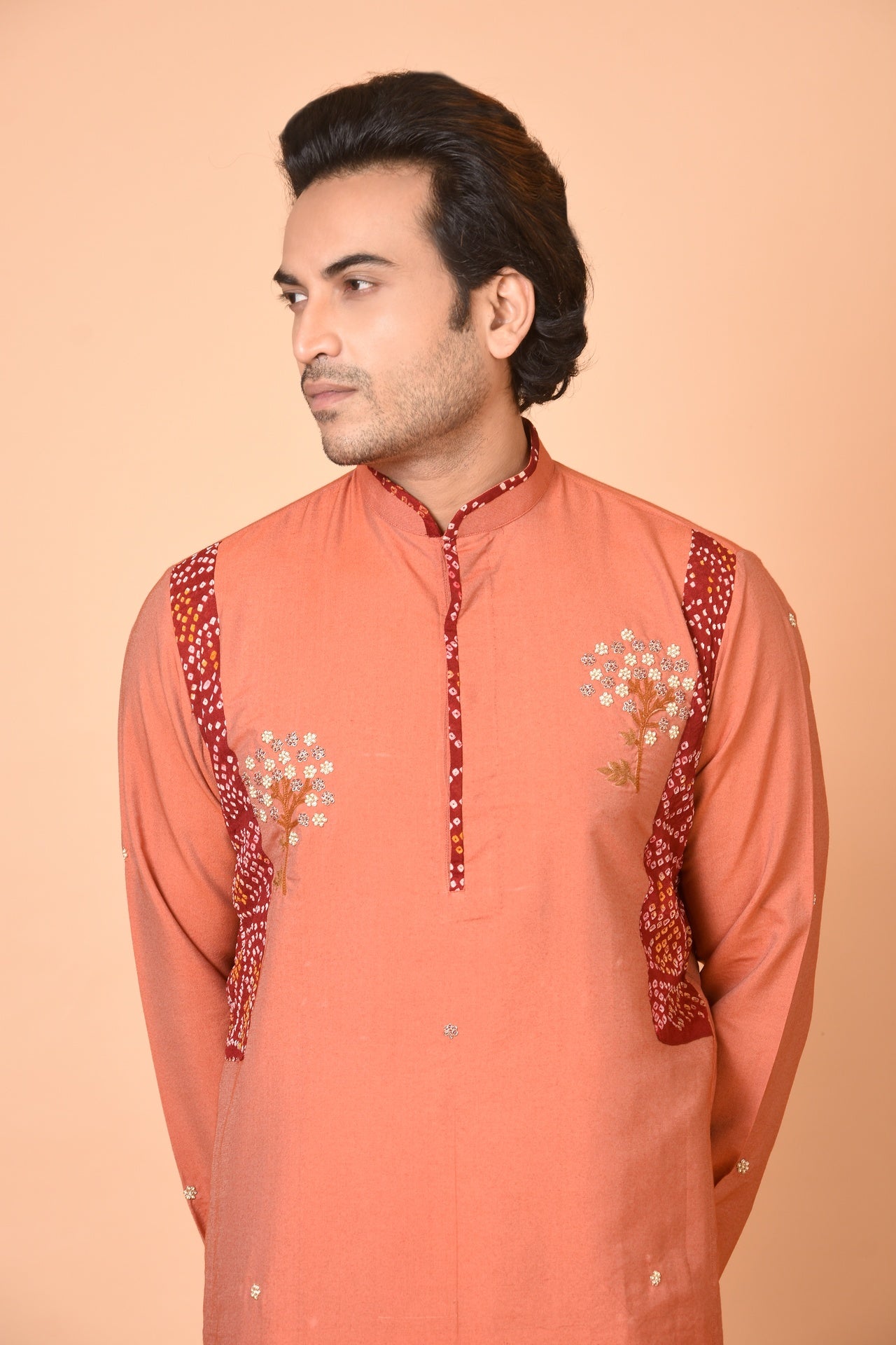 Rust Cotton Silk Kurta with Maroon Bandhej Patch & Beige Churidar Set