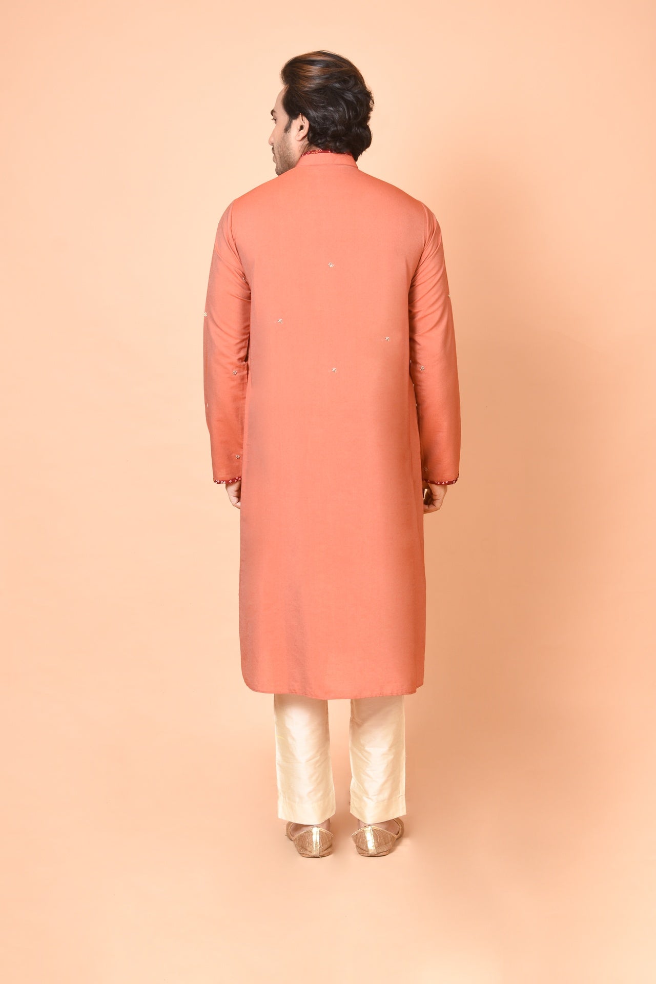 Rust Cotton Silk Kurta with Maroon Bandhej Patch & Beige Churidar Set