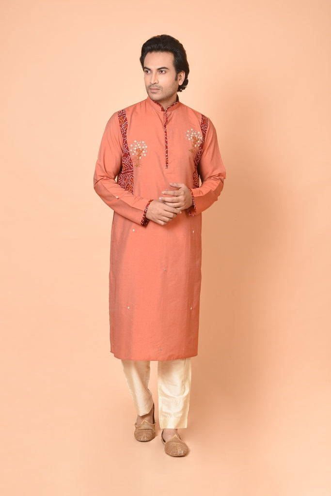 Rust Cotton Silk Kurta with Maroon Bandhej Patch & Beige Churidar Set