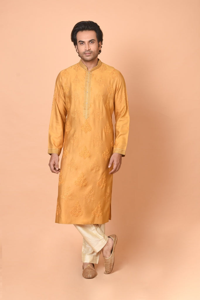 Yellow Ochre Cotton Silk Kurta with All-Over Machine Embroidery & Beige Churidar Set